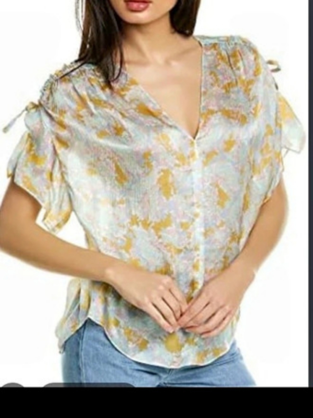 Vince Lotus Abstract Silk Blouse in Blue & Yellow Size Small Like New